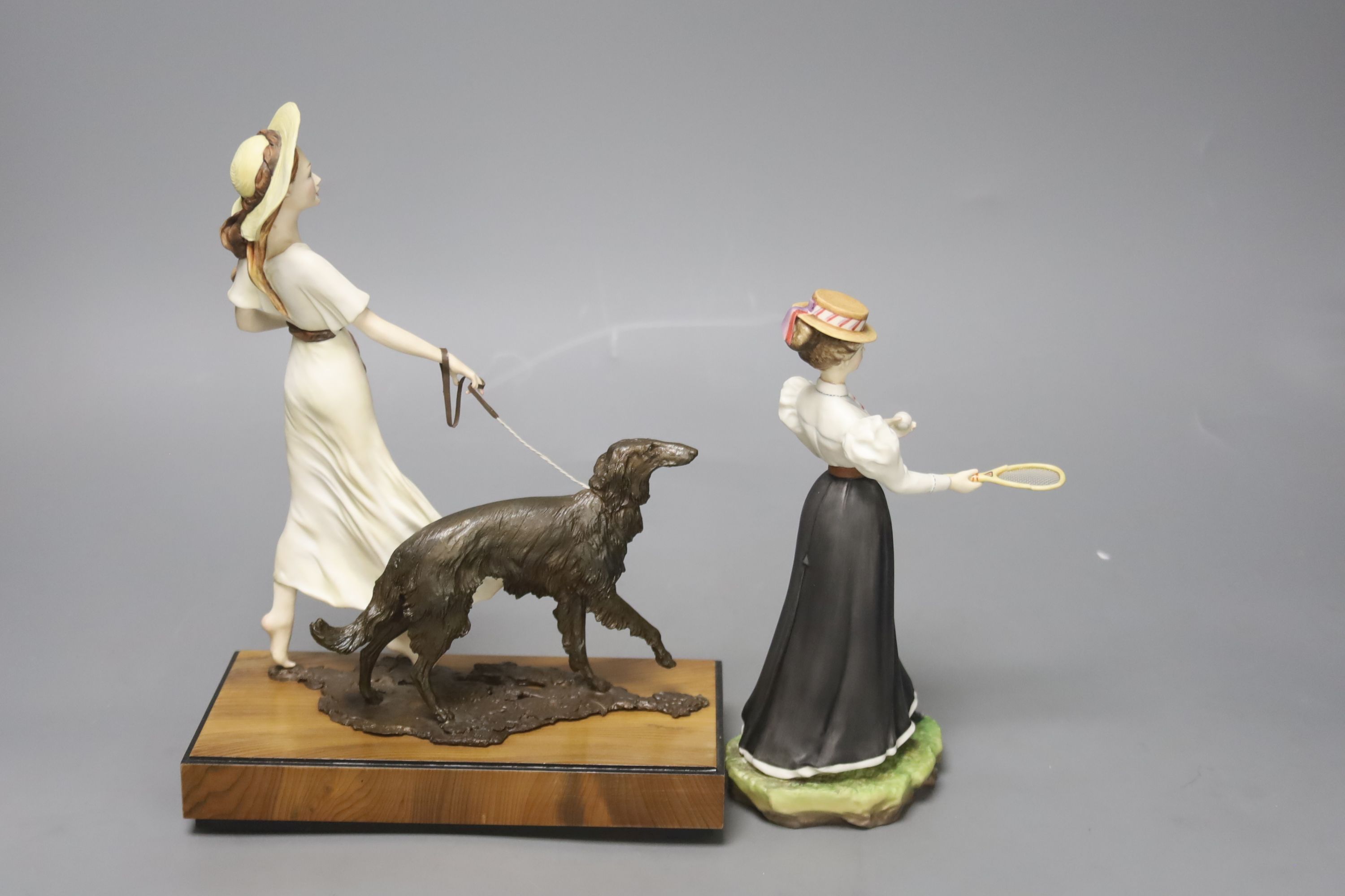 An Albany Fine China Deauville ceramic and bronze group of a girl with borzoi on walnut and ebonised rectangular plinth and a figure of 'Marion'